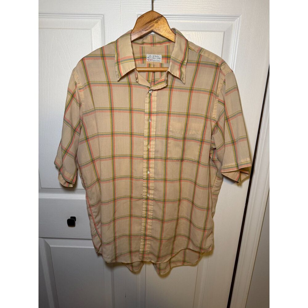 Vintage SERO Shirtmakers Plaid Short Sleeve Button Up Shirt Men's XL Beige